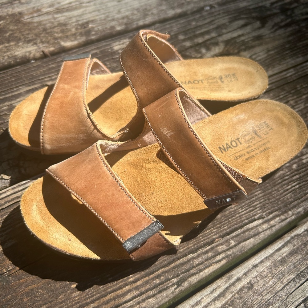 Naot Tan Leather Slide Sandals